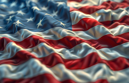 A close-up of the American flag waving in the wind, showing the red, white, and blue stripes and stars in detail.の素材