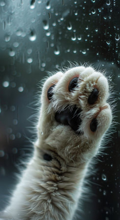 A white cat's paw reaches through a windowpane covered in raindrops. The cat's fur is wet and the paw is partially obscured by the water droplets.の素材