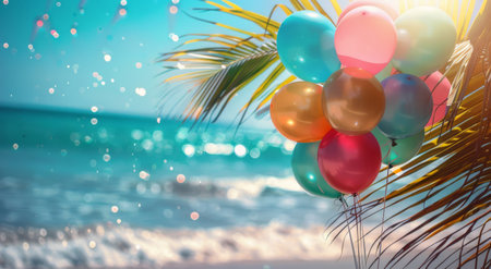 A bunch of colorful balloons are held against a backdrop of a tropical beach with blue water, white sand, and a palm tree. The sun is shining brightly, creating a joyful and celebratory atmosphere.の素材