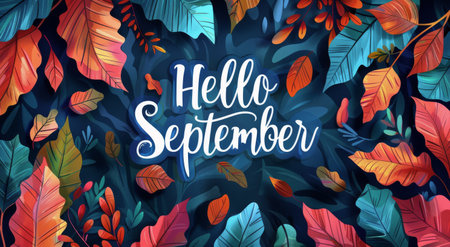 An illustration of fall leaves in shades of orange, red, blue, and green surrounding a white Hello October inscription on a dark blue background.の素材