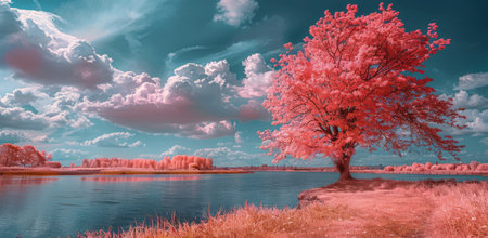 An image of a single pink tree standing tall by the bank of a calm river against a background of a vibrant blue sky with fluffy white clouds.の素材