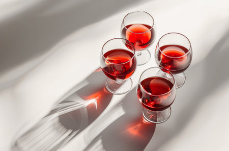 Three glasses of red wine sit on a white surface with their shadows stretching across the tabletop. The glasses are filled with a vibrant red wine and capture the warm glow of the sunlight.の素材