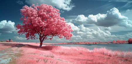 An image of a single pink tree standing tall by the bank of a calm river against a background of a vibrant blue sky with fluffy white clouds.の素材