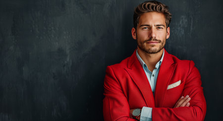 A close-up portrait of a man in a red blazer, smiling and looking directly at the camera against a dark background.の素材