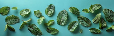 A flat lay image showing casing fresh mint leaves scattered across a textured blue surface.の素材