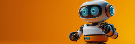 A white and orange robot with large, blue eyes poses against a bright orange backdrop.の素材
