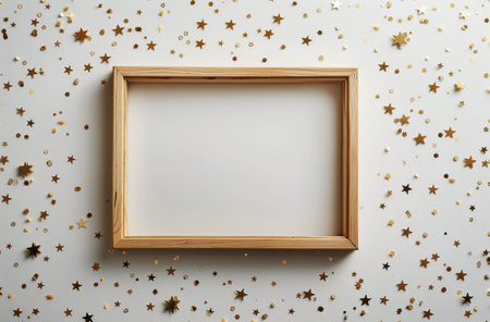 A simple, minimalist image of a wooden frame surrounded by gold glitter and star shapes on a white background.の素材