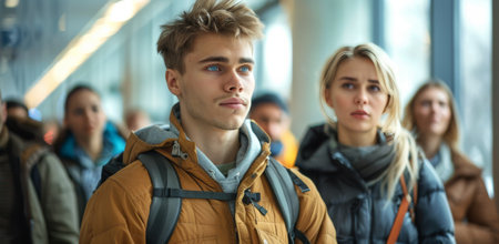 A group of young women stand in line at an airport, waiting to go through security. The woman at the front of the line is looking directly at the camera with a serious expression.の素材