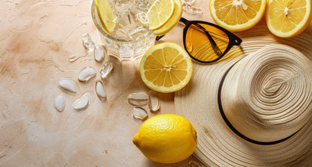 A glass of lemonade with a lemon slice and sunglasses resting on a sandy beach.の素材