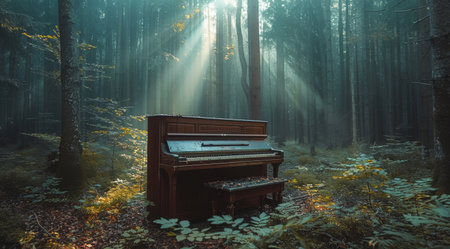 A black grand piano sits in a clearing of a forest, surrounded by ferns and tall trees. Sunlight streams through the branches, creating a soft, ethereal glow.の素材