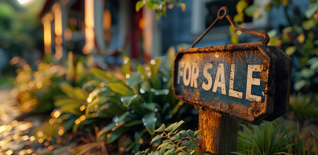 A weathered wooden sign with the words For Sale painted in white hangs in front of a house with lush greenery. The sun casts a warm glow on the scene.の素材