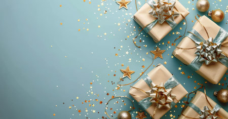 A flat lay image of wrapped gifts with gold stars and glitter on a blue background.の素材