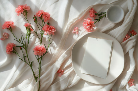 A white ceramic plate with a blank notecard sits on a white textured surface. Pink carnations, a few with fallen petals, are to the left of the plate. The scene is bathed in sunlight.の素材