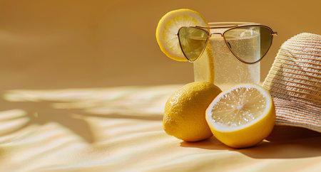 A glass of lemonade with a lemon slice and sunglasses resting on a sandy beach.の素材