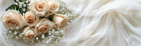 A close-up shot of a beautiful bridal bouquet of peach roses and babys breath resting on a white tulle fabric.の素材