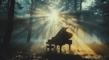 A black grand piano in a misty forest is illuminated by the golden light of sunrise. The open lid reveals its keys, creating a tranquil and mysterious scene.の素材