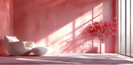 A pink room with a white chair, a flower arrangement, and sunlight streaming through a large window.の素材