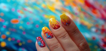A close-up shot of a hand with brightly colored nail polish against a blue and yellow background.の素材