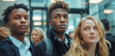 A group of young women stand in line at an airport, waiting to go through security. The woman at the front of the line is looking directly at the camera with a serious expression.の素材