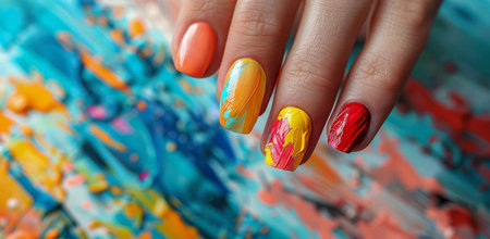 A close-up shot of a hand with brightly colored nail polish against a blue and yellow background.の素材