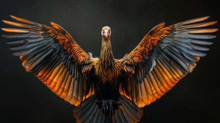 A close-up image of a black and orange bird with its wings spread wide.の素材