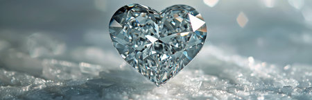 A large, heart-shaped diamond rests atop a bed of ice, sparkling in the soft light.の素材