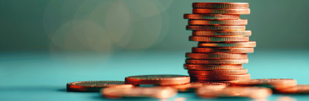 A close-up shot of several stacks of gold coins against a turquoise background.の素材