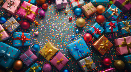 A flat lay image of various wrapped gifts with ribbons and confetti on a blue background.の素材