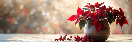 A close-up photo of a red poinsettia plant arrangement in a white vase, set against a beige background.の素材