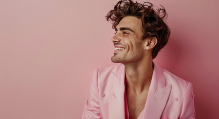 A man wearing a pink suit smiles brightly while standing against a pink wall.の素材