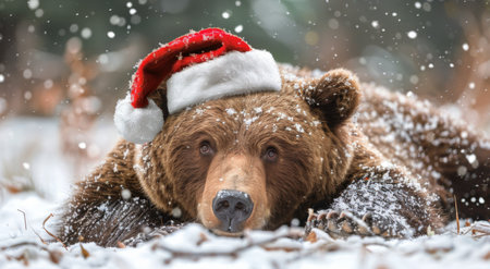 A brown bear wearing a Santa hat lies in the snow, surrounded by falling snowflakes.の素材