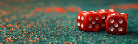 A close-up shot of three red dice resting on a green fabric surface.の素材