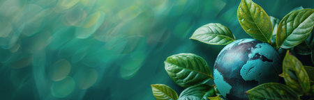 A small globe, representing the Earth, is nestled among vibrant green leaves, symbolizing the importance of nature and environmental conservation.の素材