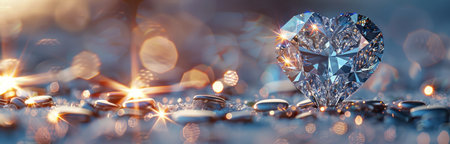 A large, heart-shaped diamond rests atop a bed of ice, sparkling in the soft light.の素材
