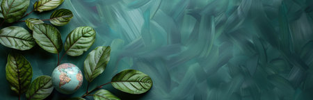 A small globe, representing the Earth, is nestled among vibrant green leaves, symbolizing the importance of nature and environmental conservation.の素材