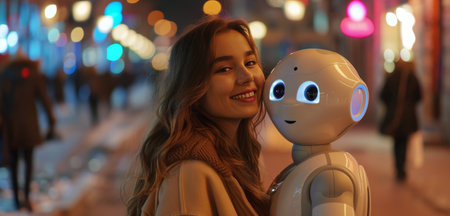 A woman with long brown hair smiles at a white robot in a city at night. The robot has large blue eyes and a small mouth. The background is blurred, showing a street with lights and people.の素材