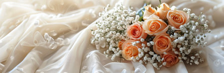 A close-up shot of a beautiful bridal bouquet of peach roses and babys breath resting on a white tulle fabric.の素材