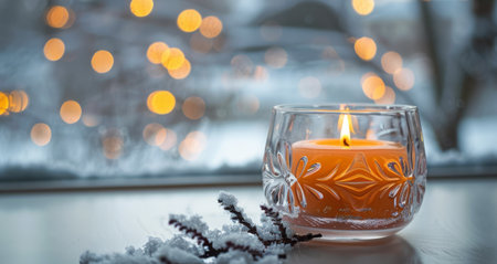 A lit candle in a glass holder sits on a table beside a window with a winter scene outside. Fairy lights are visible in the foreground.の素材