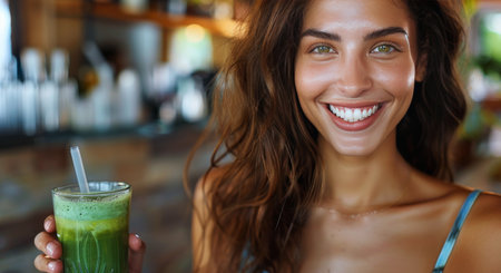 A woman with long brown hair smiles happily as she holds a green smoothie in a cafe.の素材