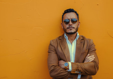 A man with sunglasses and a brown jacket stands in front of a yellow wall with his arms crossed.の素材