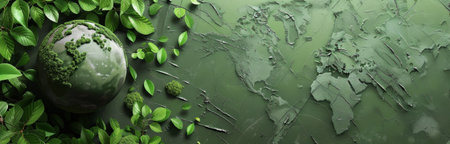 A 3D globe with a green, textured surface is surrounded by lush, green foliage, against a textured green background.の素材