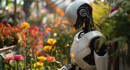 A white robot stands in a garden, its head tilted down as if observing the bright flowers and greenery around it.の素材