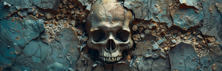A human skull emerges from a cracked, gray surface. The skull is detailed and realistic, with visible teeth and eye sockets.の素材