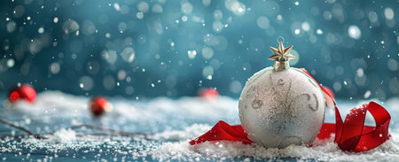 A single, frosted silver Christmas ornament with a star topper rests in a bed of snow with a red ribbon.の素材