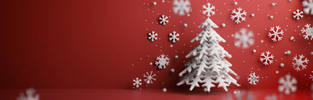 A snowy Christmas tree stands against a red background with falling snowflakes and blurred lights in the background.の素材