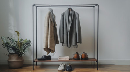 A black metal garment rack with a striped shirt, gray jacket, and scarf hanging on it. There are also a potted plant and a pair of brown leather shoes on the lower shelf.の素材