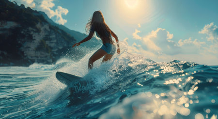 A woman with long, wet hair smiles as she surfaces from the water, sunlight shining down on her from behind.の素材