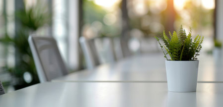 A close-up of a white table with three potted green plants on it. The table is in an office setting, with chairs and windows in the background.の素材