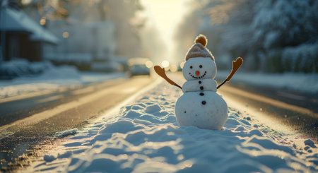 A snowman with an orange hat and scarf stands on a snowy roadside with a blurred background of trees and a car.の素材