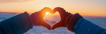Two hands wearing winter gloves are forming a heart shape in front of a sunset. The sun is shining brightly through the heart, creating a warm and loving glow.の素材